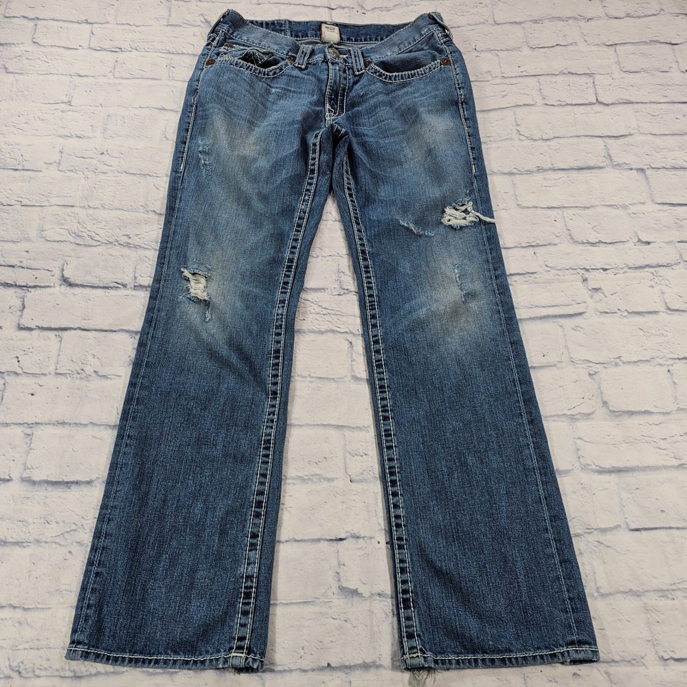 True Religion Ricky Big T Jeans Mens 33X34 Blue Distressed Bootcut VTG Y2K Denim
